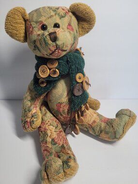 Dan Dee Tapestry Bear 14” With Green Chenille Scarf & Buttons VintageCottagecore
